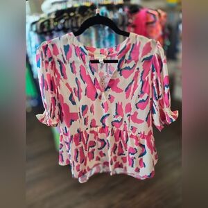 Umgee Pink and Blue Animal Print Blouse